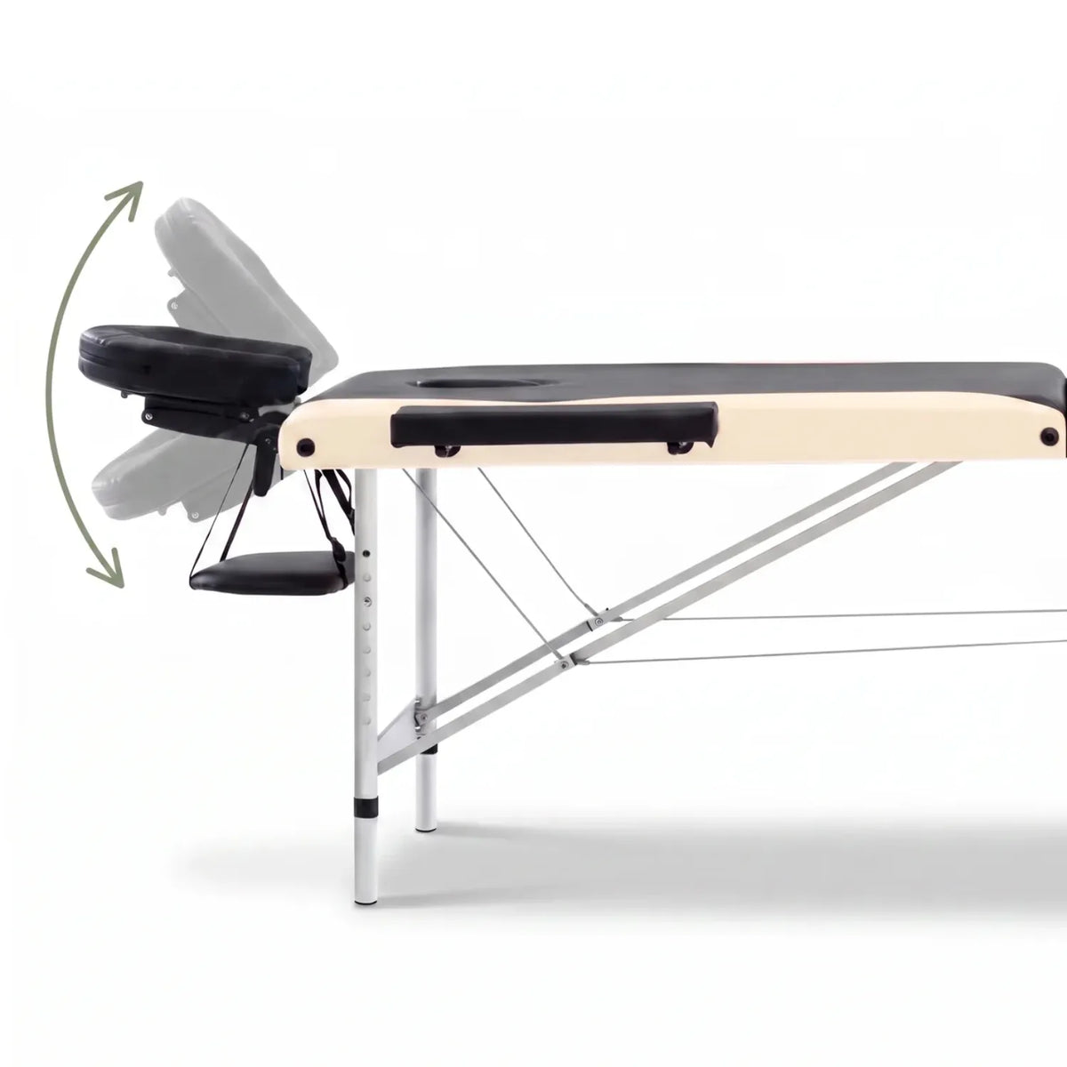 Vue de profil de la tétière réglable de la table de massage pliante aluminium - Le Bon Massage