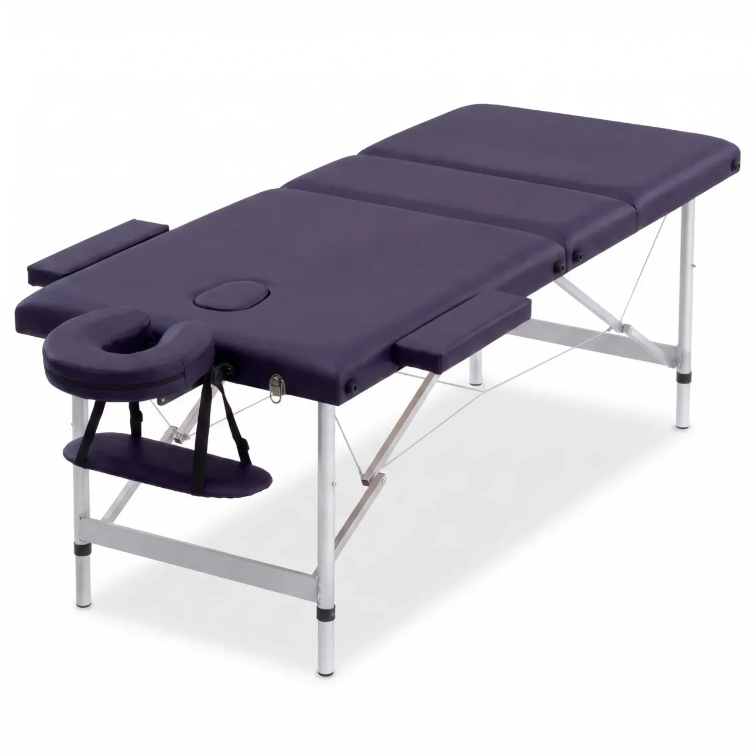 Table de massage pliante aluminium 3 zones en violet avec repose-tête sur fond blanc - Le Bon Massage
