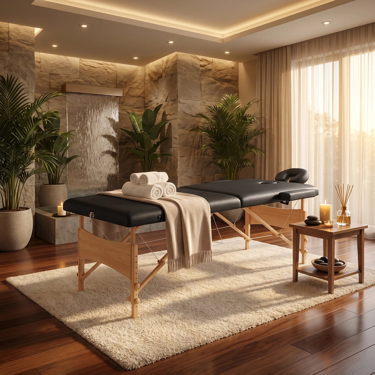 Table de massage pliante installée dans un cabinet spa - Le Bon Massage